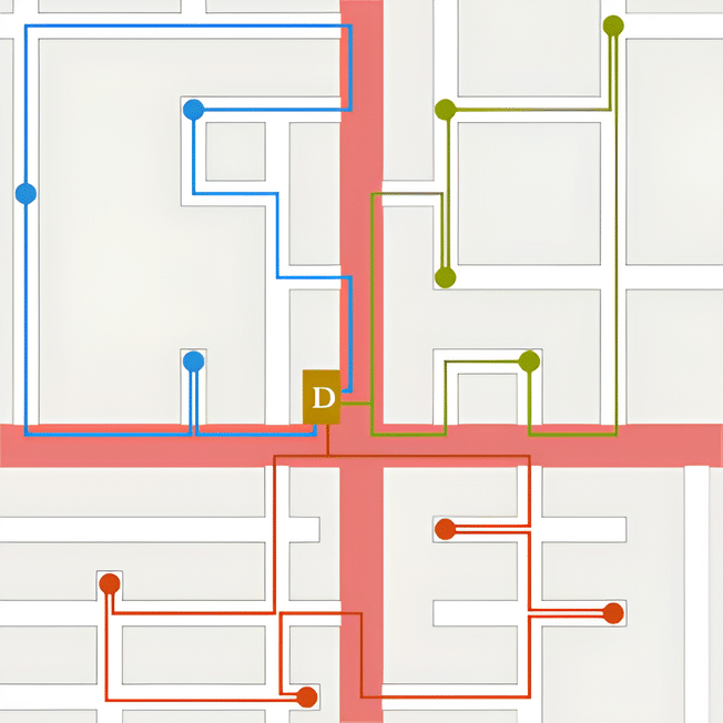 VRP наглядно. Схема показывает оптимальный путь для проезда 11 точек. Источник: Wikimedia Commons, автор — Zootos, лицензия CC BY-SA 4.0