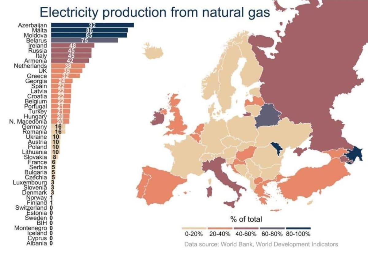 Инфографика: процент производства электроэнергии из природного газа в странах Европы / © Milos makes maps