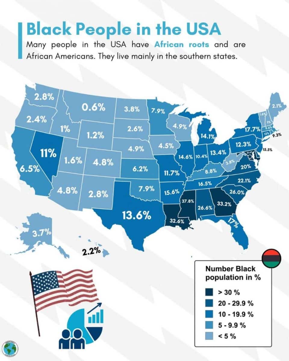 Процент афроамериканцев в США по штатам / © unimaps.world