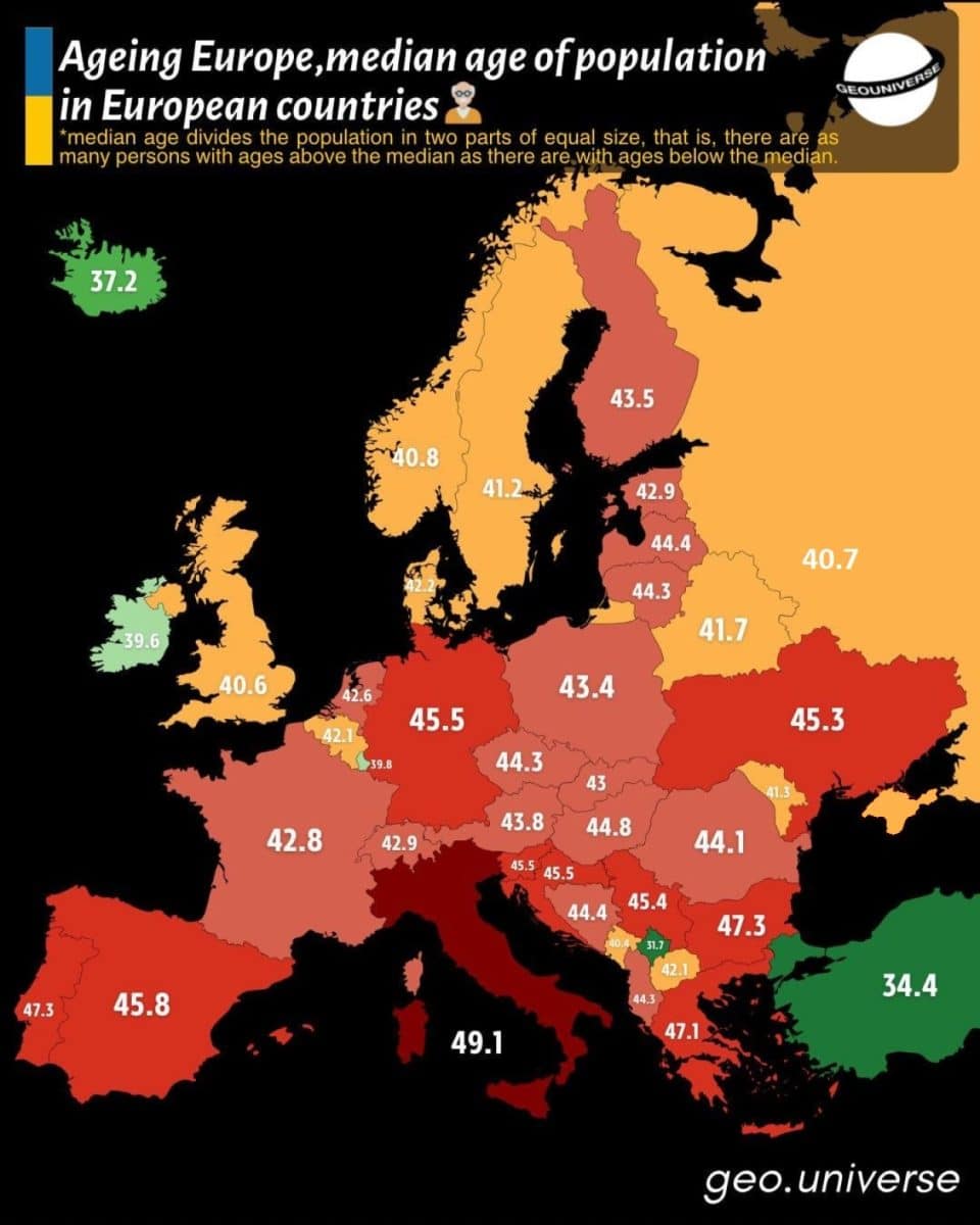 Карта: средний возраст жителей стран Европы / © geo.universe