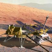 Иллюстрация марсохода «Розалинд Франклин», съезжающего с посадочной платформы