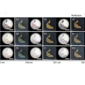 Образцы структурных чернил. Цветное изображение отражает свет, черно-белое — те же чернила, при прохождении света сквозь них. По оси X — диаметр частиц, по оси Y — концентрация сфер в чернилах / © H. Yamana et al., Advanced Materials 2026. DOI: 10.1002/adma.202523036