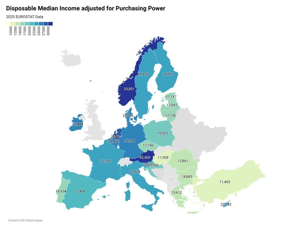 Медианный доход жителей Европы по паритету покупательной способности / © Datawrapper