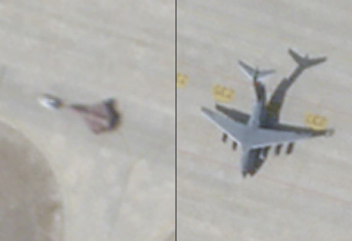 Возможный беспилотный истребитель&nbsp;(слева) и транспортный самолет Y-20 (справа)/ © Planet Labs&nbsp;