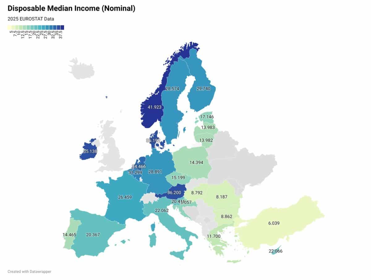 Номинальный медианный доход жителей Европы / © Datawrapper