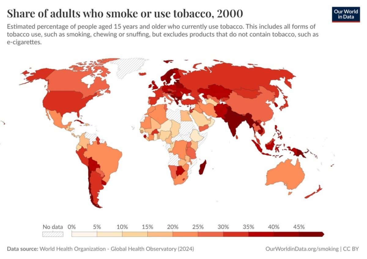Доля потребителей табака в 2000 году среди людей старше 15 лет / © Our World in Data