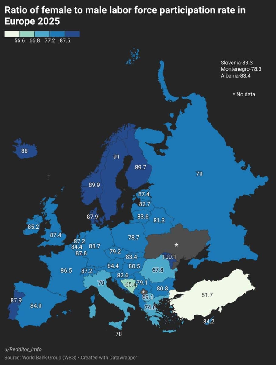 Участие женщин в рабочей силе в 2025 году / © Redditor_imfo, Datawrapper