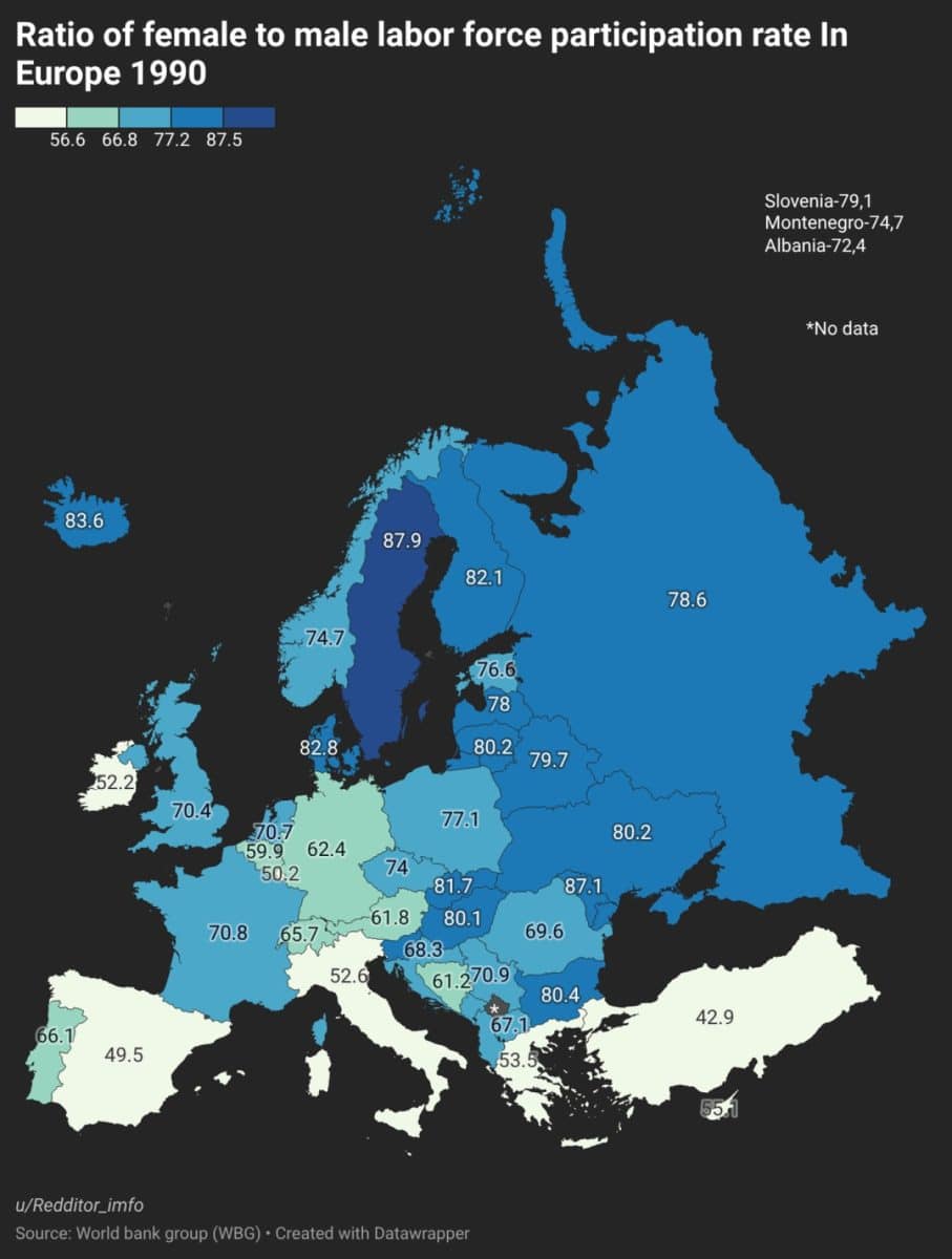 Участие женщин в рабочей силе в 1990 году / © Redditor_imfo, Datawrapper