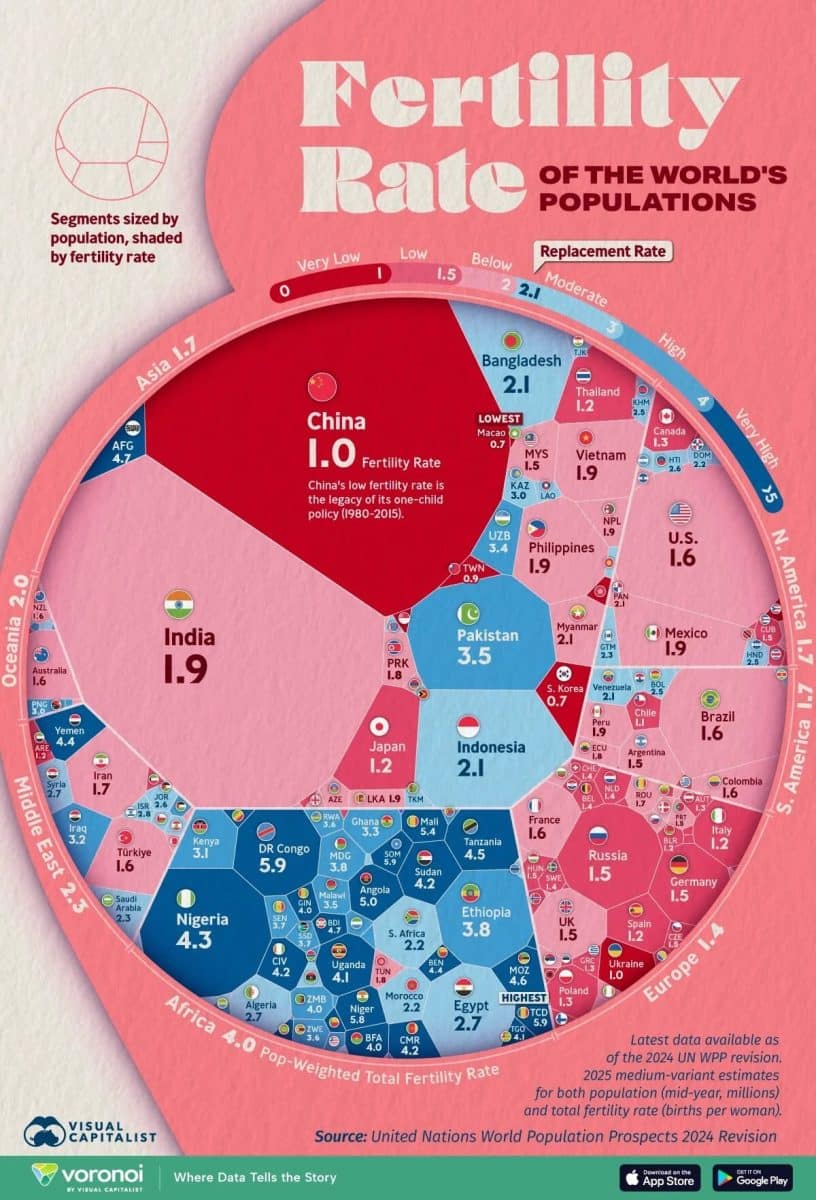 Рождаемость в мире: новая инфографика с поправкой на численность стран / © Visual Capitalist