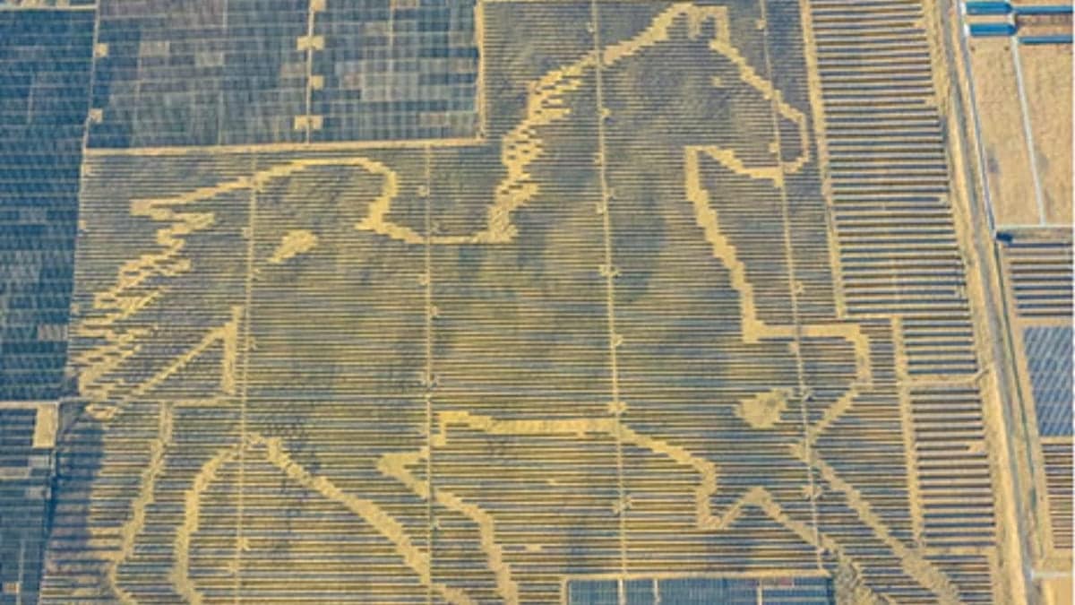 Спутники запечатлели гигантское изображение скачущей лошади размером с целый город, созданное из солнечных панелей / © NASA
