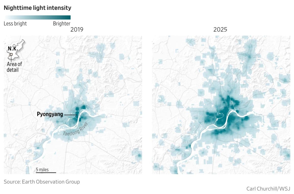 Как изменилось ночное освещение Пхеньяна с 2019 по 2025 год / © Earth Observation Group, Colorado School of Mines, The Wall Street Journal
