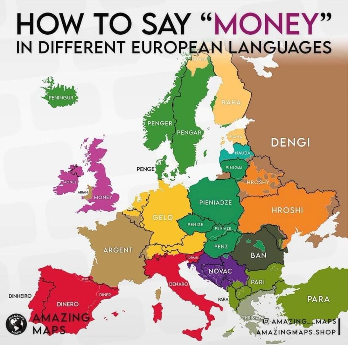 Как сказать «деньги» на разных европейских языках / © Amazing maps