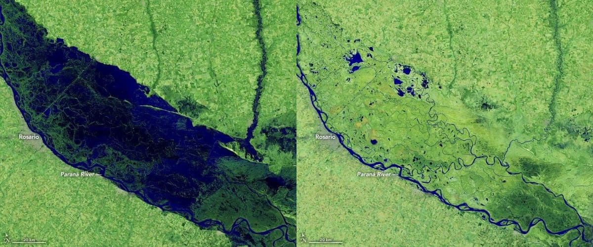 Река Парана, Аргентина в 2019 (слева) и 2026 годы (справа) / © NASA