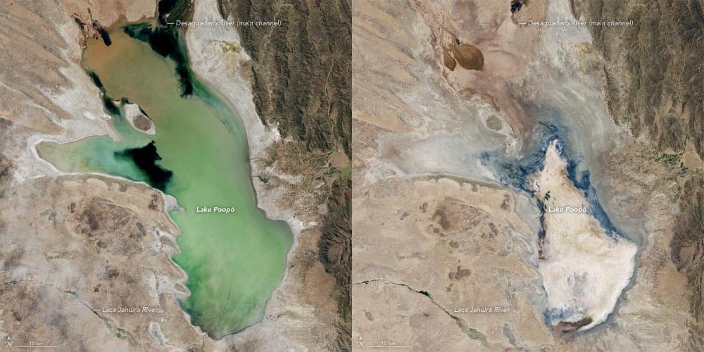 Сравнение спутниковых снимков озера Поопо за 30 лет наблюдений / © NASA