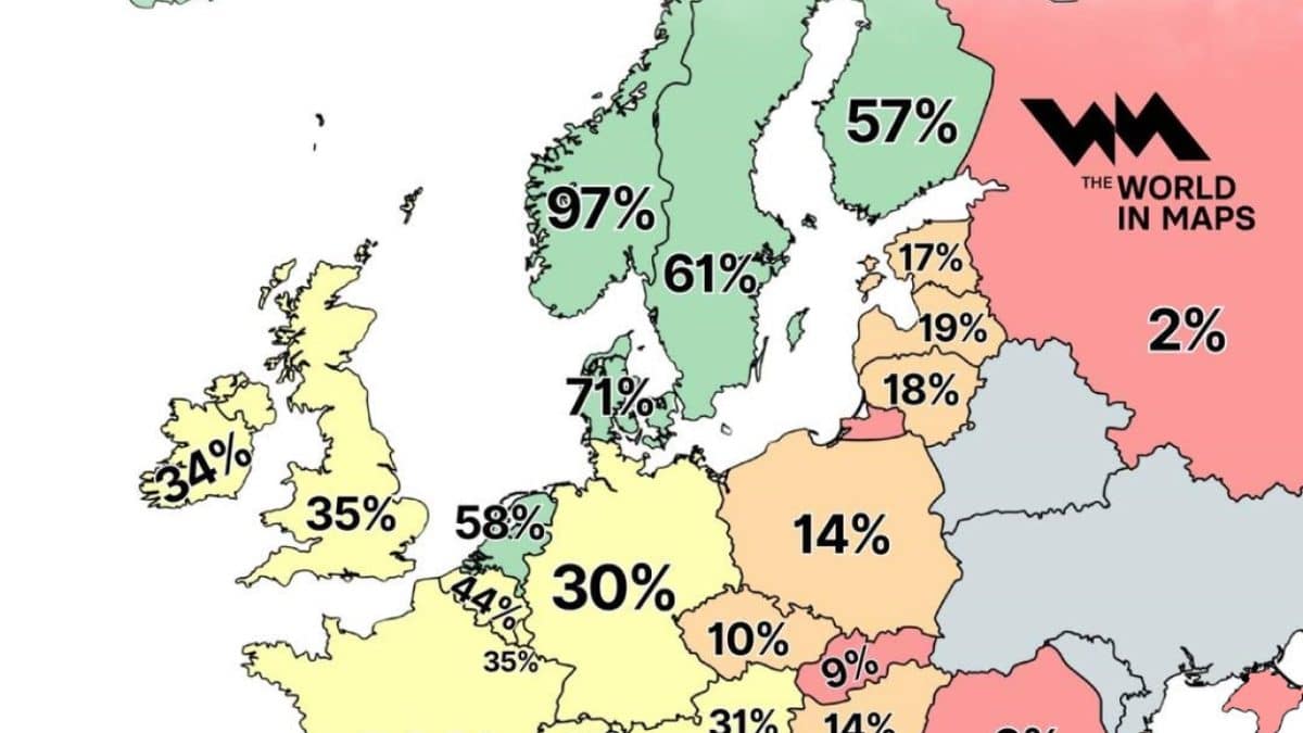 Электромобили в Европе: Норвегия лидирует с 97%, Россия отстает с 2%