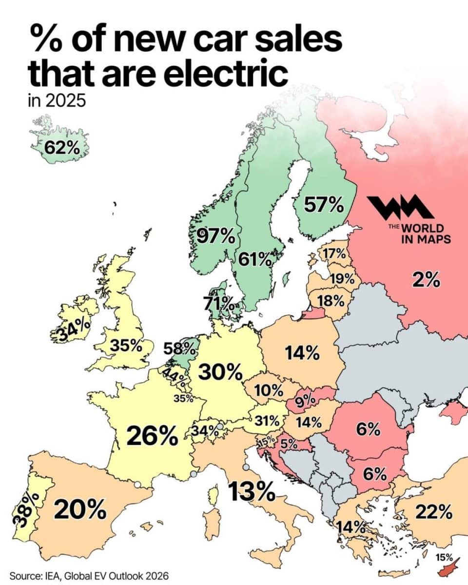 Инфографика: жители каких стран Европы чаще покупают электромобили / © World in Maps