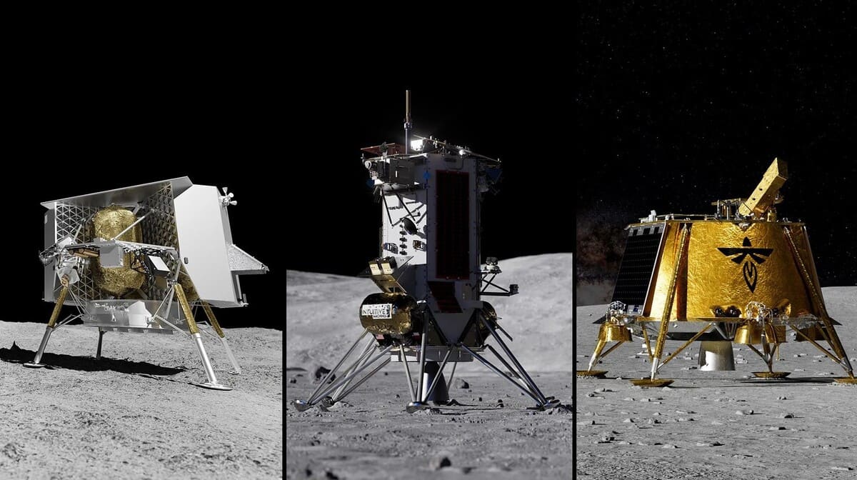 Художественное изображение лунных аппаратов Astrobotic, Intuitive Machines и Firefly / © NASA
