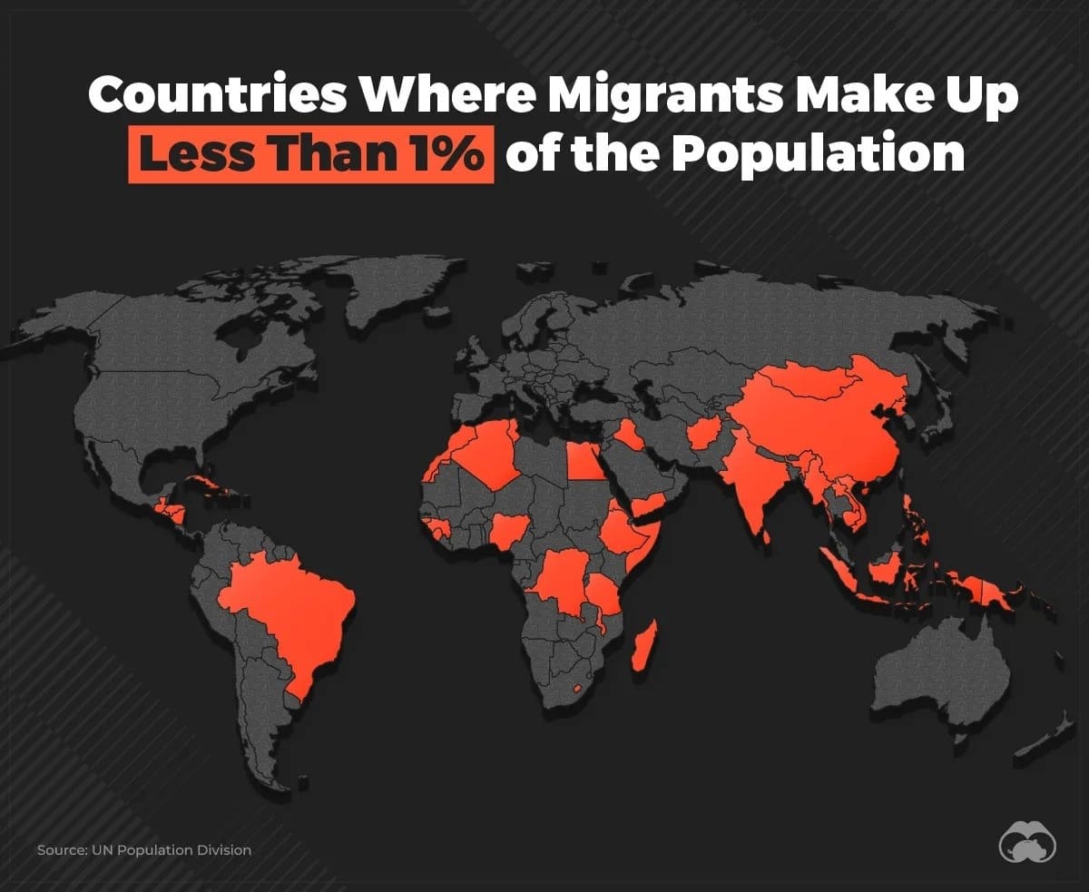 Карта: страны, где мигранты составляют менее 1% населения / © Visual Capitalist