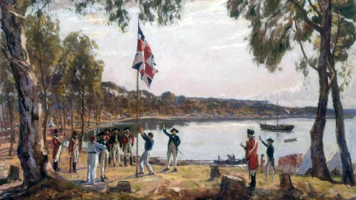 Артур Филлип (1736–1814), командующий Первым флотом, в 1788 году поднимает флаг в Сиднейской бухте в честь основания первой колонии в Австралии