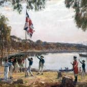 Артур Филлип (1736–1814), командующий Первым флотом, в 1788 году поднимает флаг в Сиднейской бухте в честь основания первой колонии в Австралии