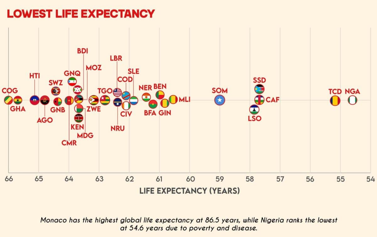 Страны с самой низкой продолжительностью жизни / © Kalu Agwu, Data Explained