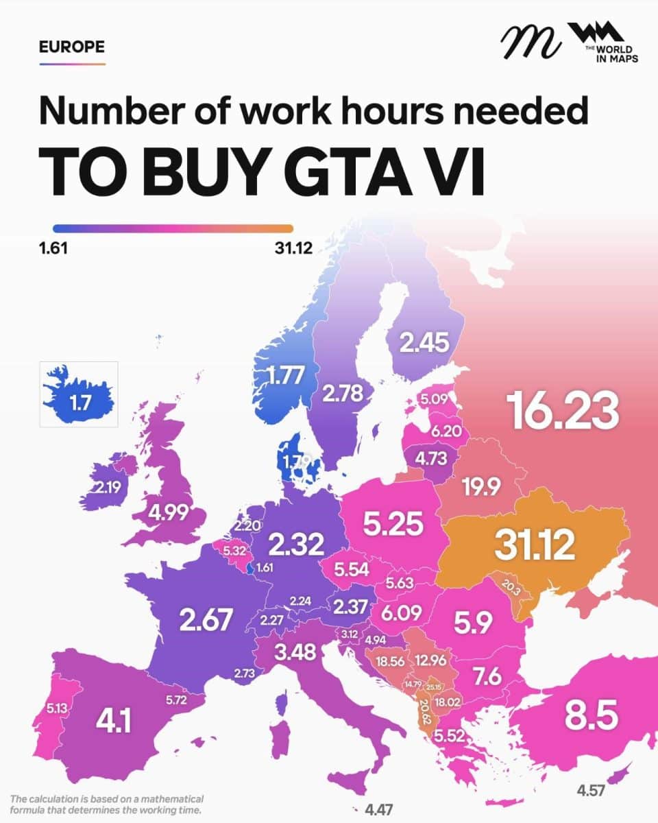 Сколько часов нужно работать жителям Европы, чтобы купить GTA VI / © World in Maps