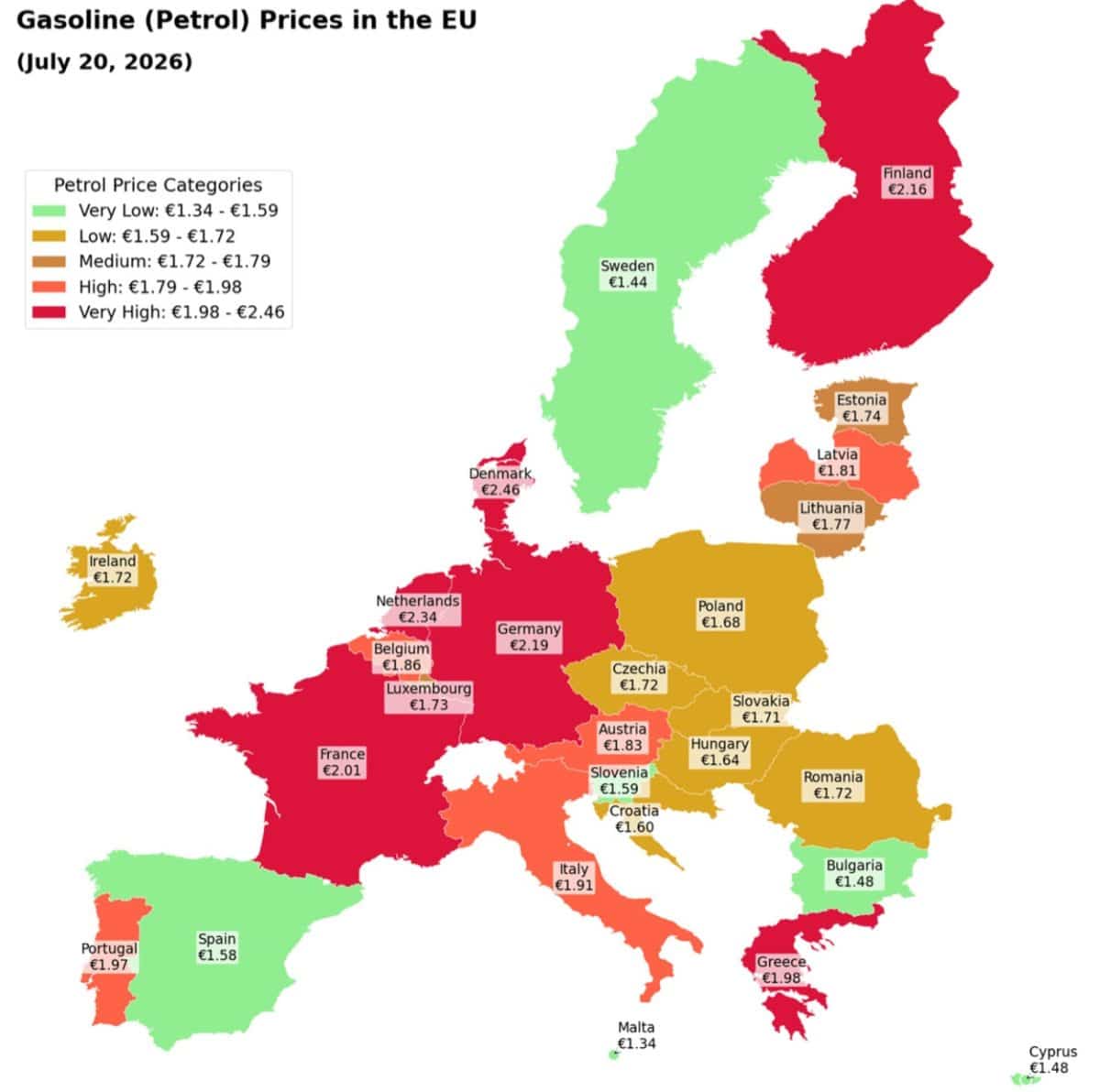 Карта: цены на бензин в странах ЕС по состоянию на 20 июля 2026 года / © Reddit