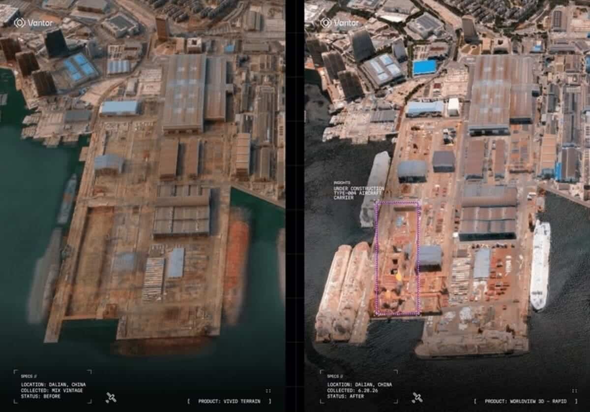 3D-снимки верфи в Даляне, на которых показано строительство китайского авианосца / © Vantor