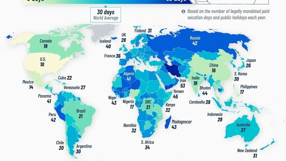 Сколько дней отдыха положено работникам в разных странах: карта 2025 года
