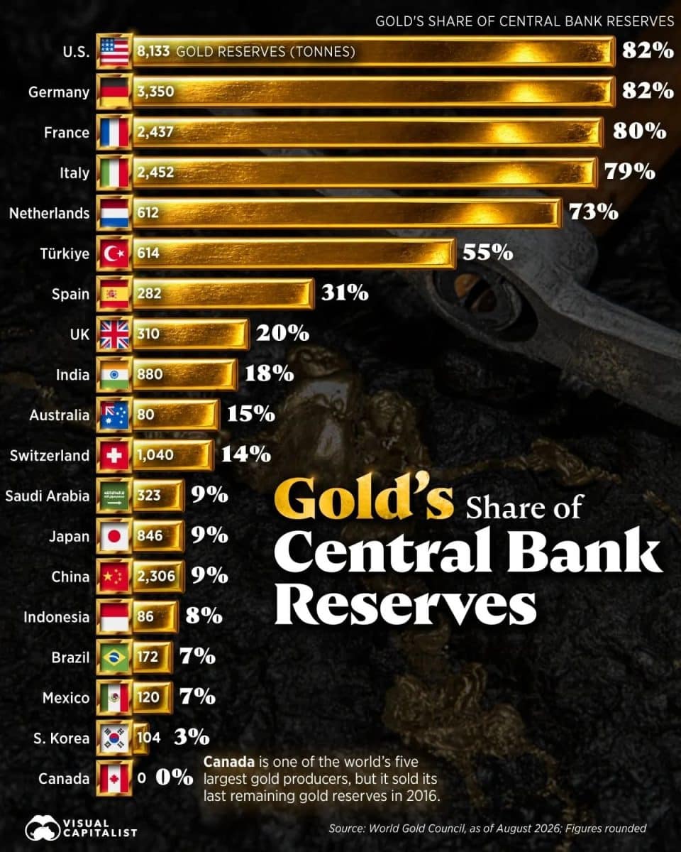 Рейтинг: страны с крупнейшими золотыми резервами / © Visual Capitalist