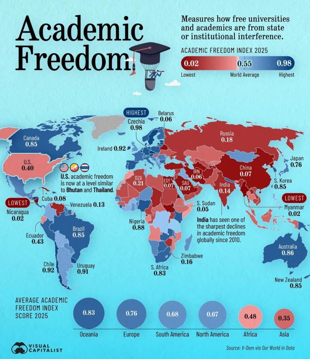 Карта: в каких странах больше всего академической свободы / © Visual Capitalist
