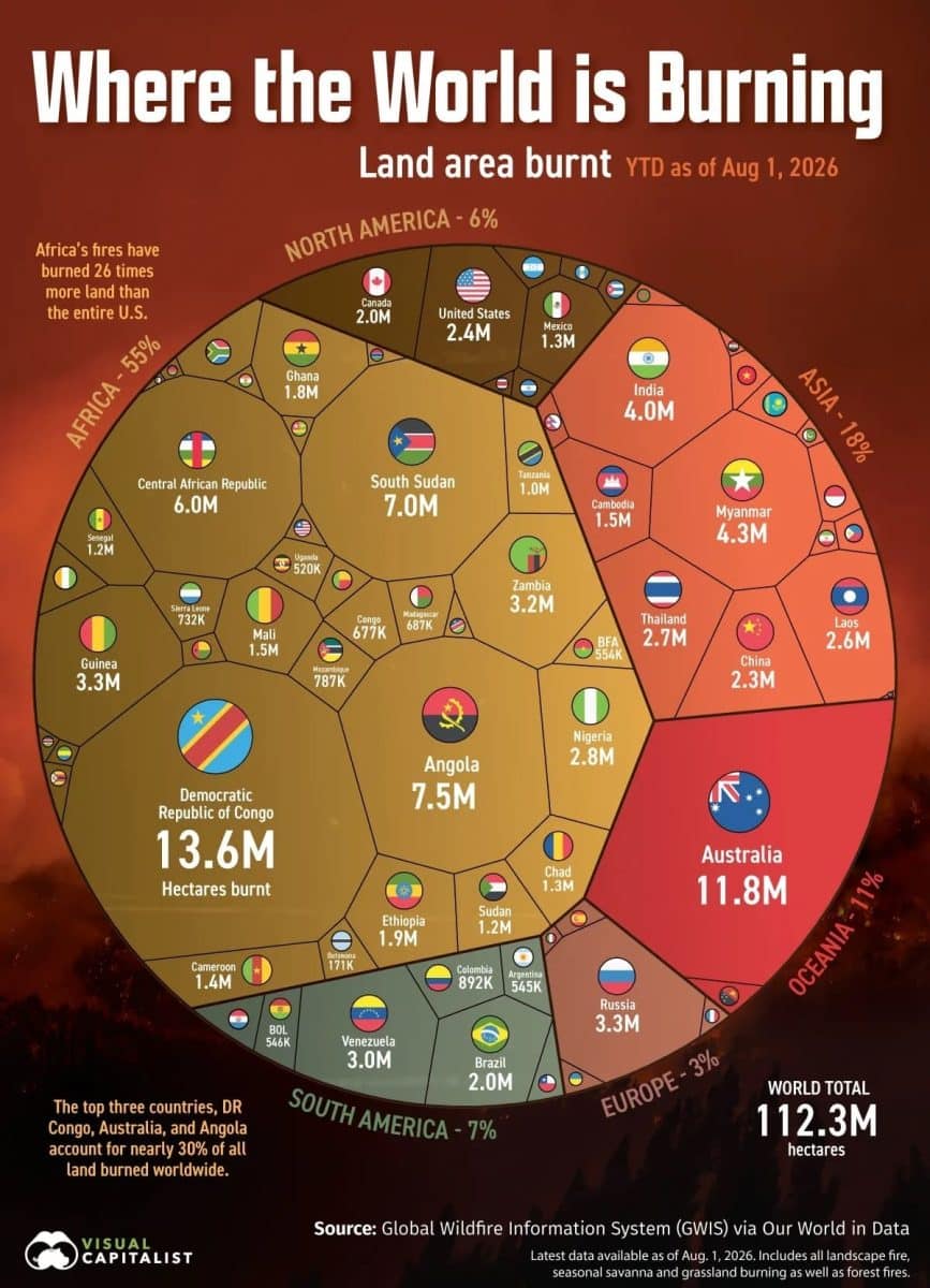 Где в мире бушуют пожары в 2026 году / © Visual Capitalist