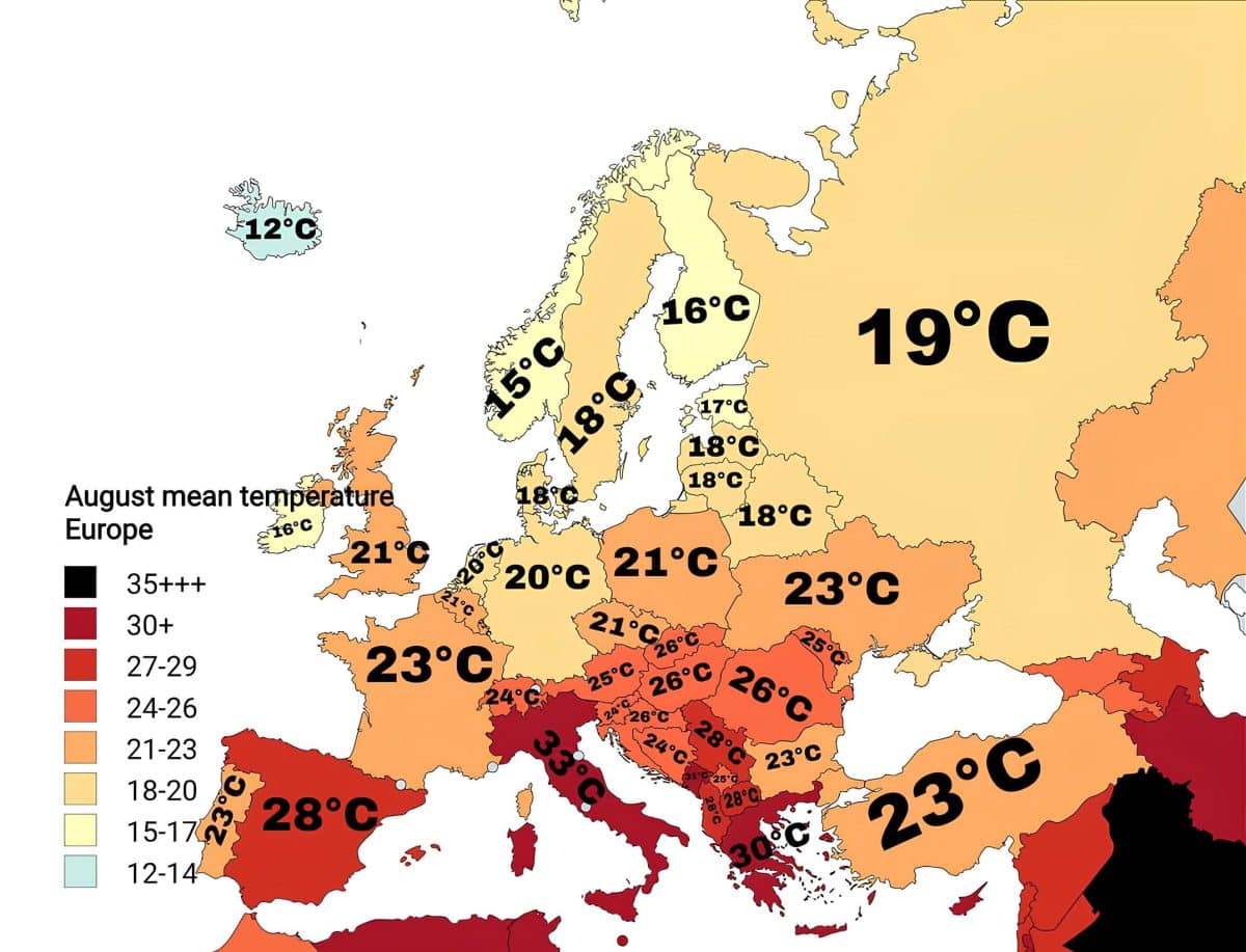 Карта: средняя температура в европейских столицах в августе 2026 года / © Reddit