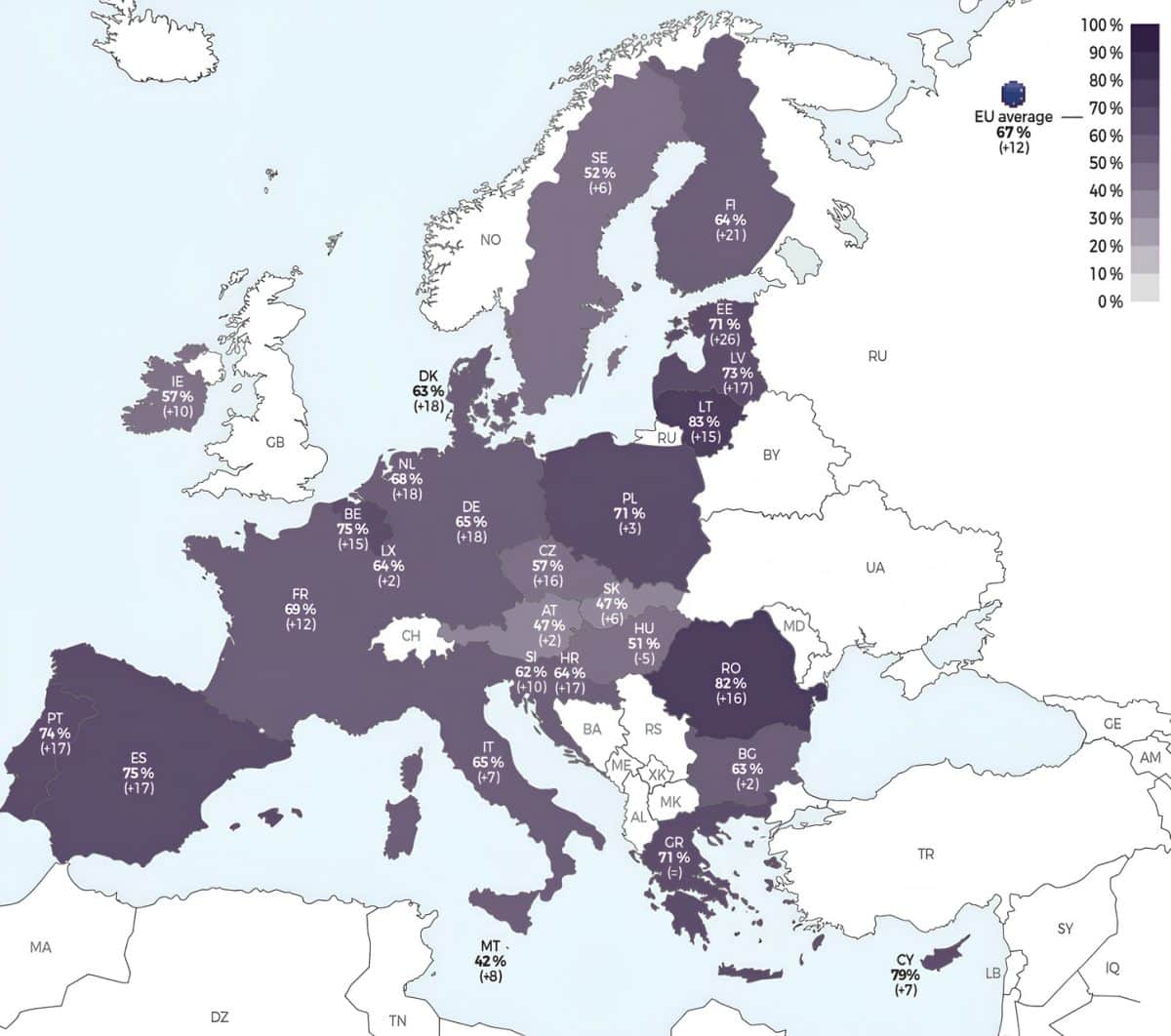 Инфографика: в каких странах ЕС больше всего сторонников европейской армии (2024 год). В скобках указано, на сколько процентных пунктов изменилась доля сторонников с 2021 года / © Fondation pour l’innovation politique – June 2024