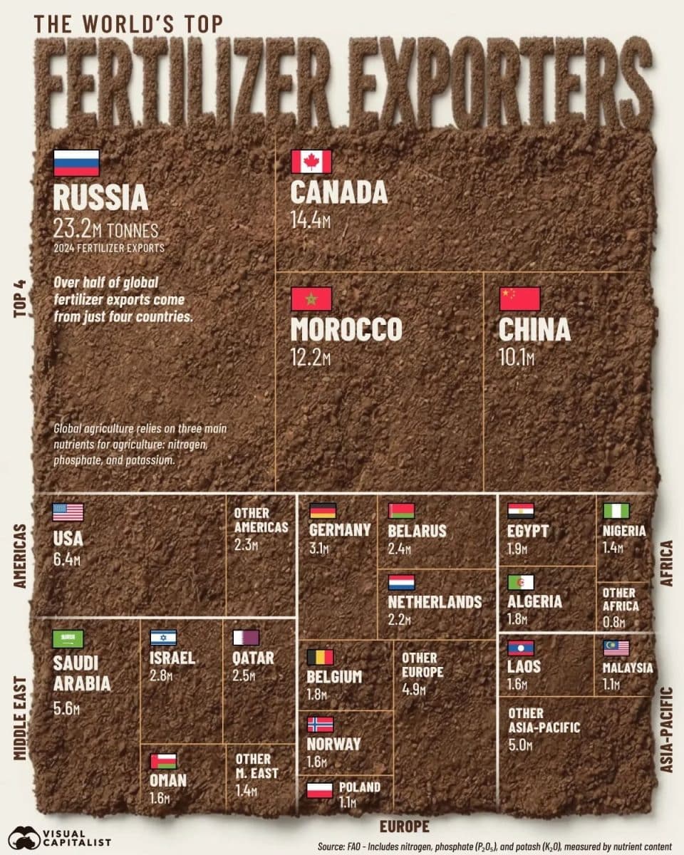 Инфографика: мировые лидеры по экспорту удобрений / © Visual Capitalist