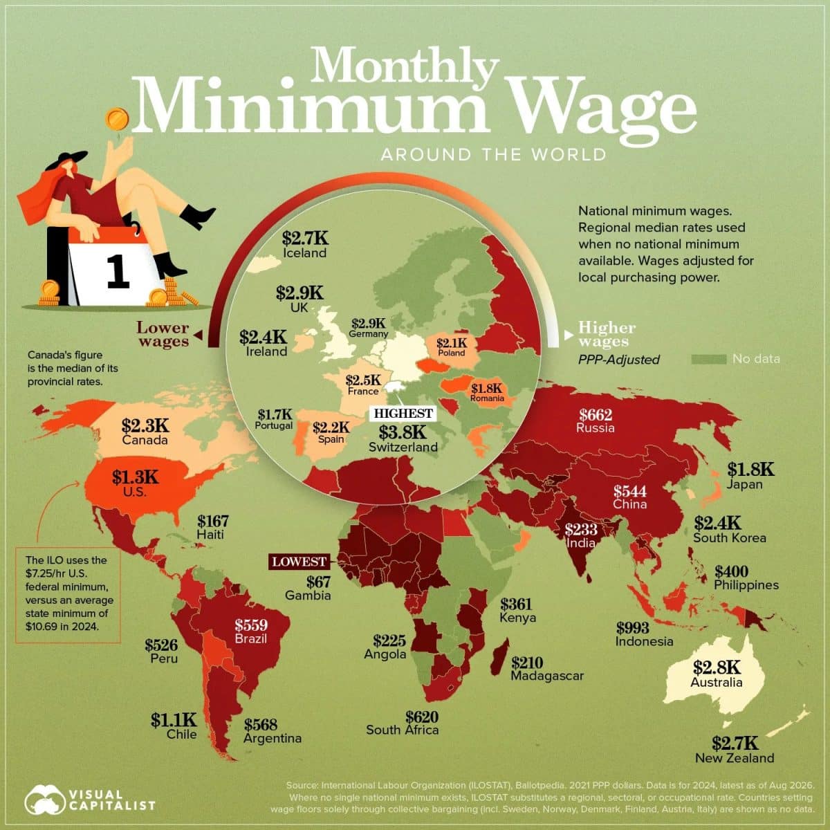 Карта: минимальная заработная плата с учетом ППС в 2024 году / © Amy Kuo, Visual Capitalist