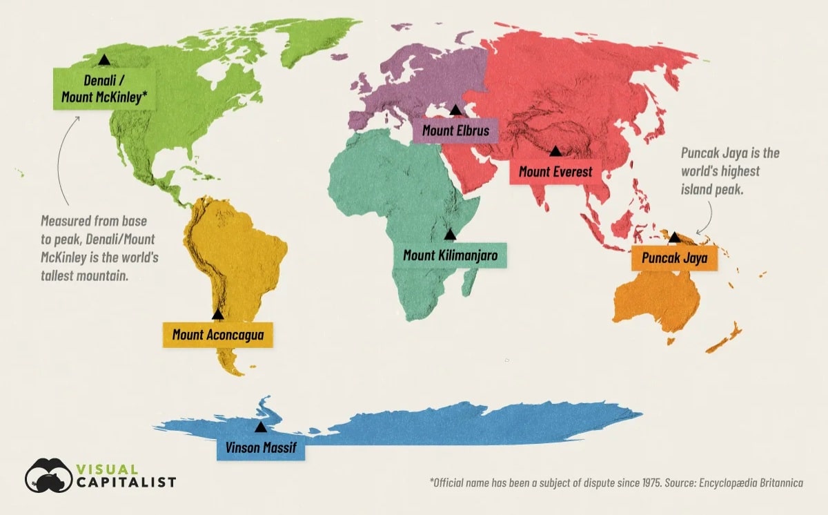 Самая высокая вершина на каждом континенте / © Miranda Smith, Visual Capitalist