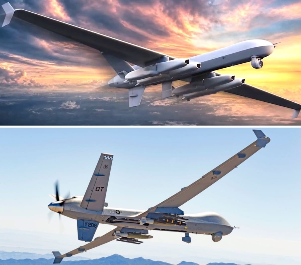 Беспилотники Wildfire (сверху) и MQ-9A Reaper (снизу) / © General Atomics