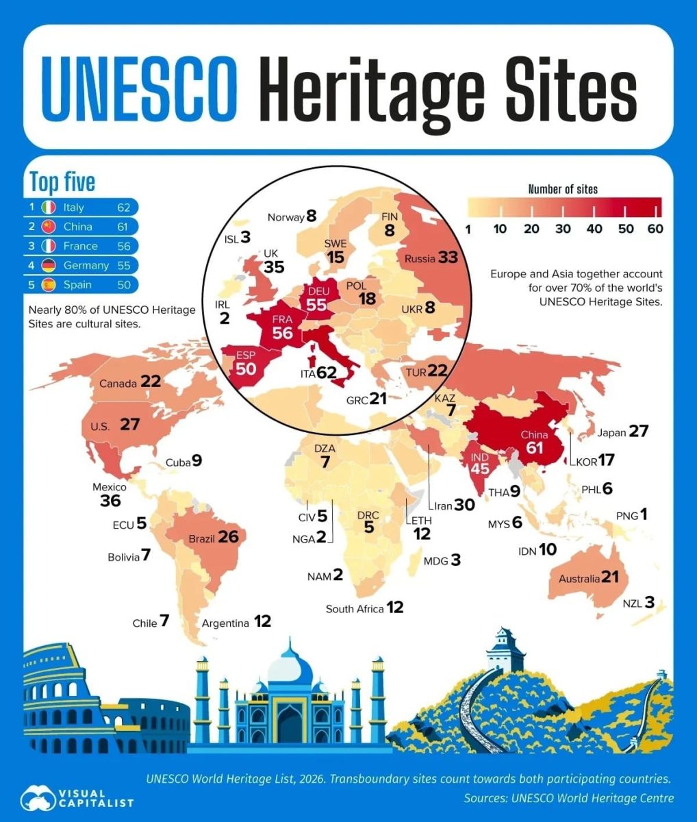 Карта: страны с наибольшим числом объектов Всемирного наследия ЮНЕСКО / © Visual Capitalist