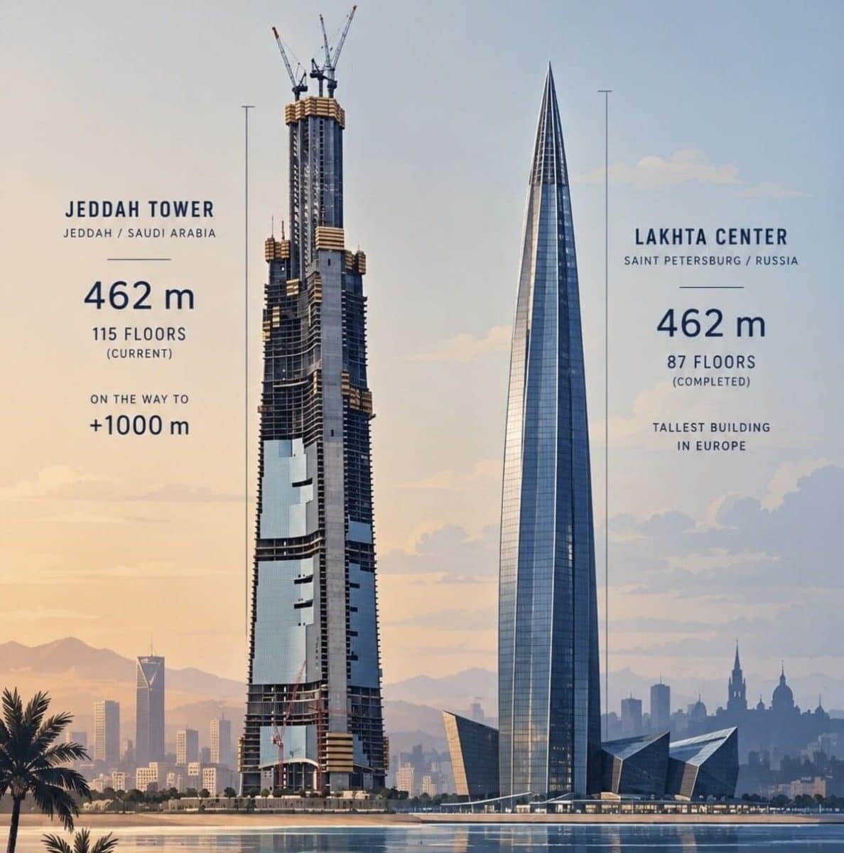 Составное изображение Jeddah Tower (слева) с «Лахта-центром» (справа) / © JEDTOWER