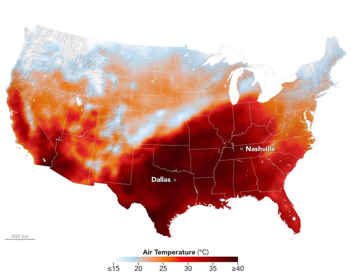 «Тепловой купол» над США 15 сентября 2026 года © NASA Earth Observatory / Michala Garrison