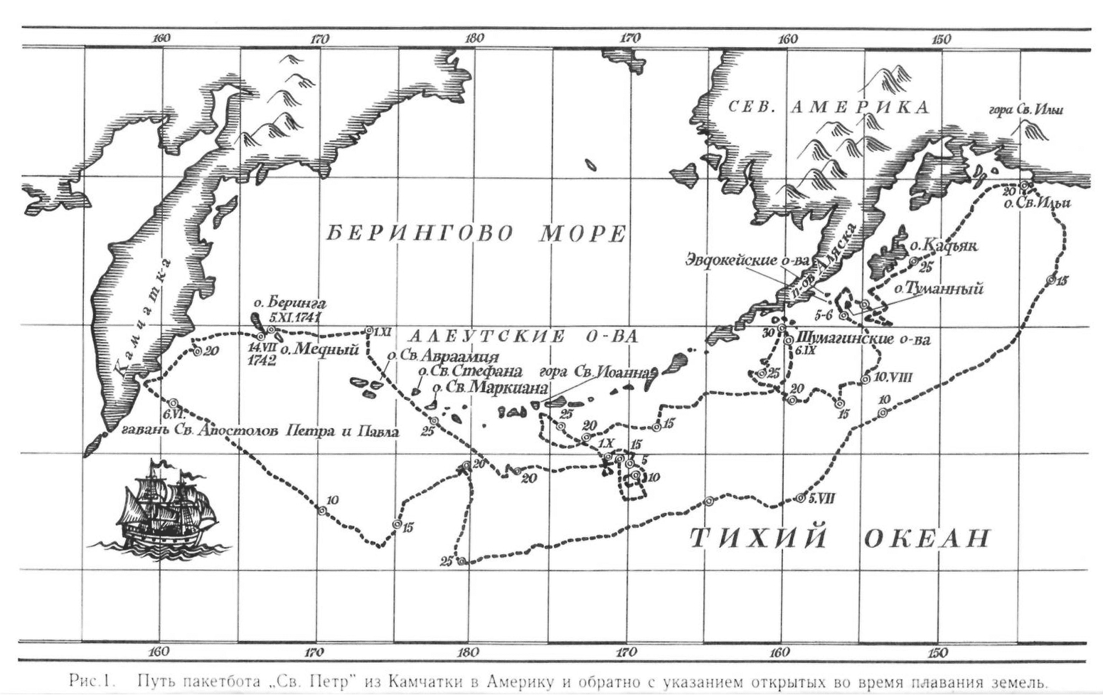 Карта экспедиций Беринга (с) Стеллер Георг Вильгельм. Дневник плавания с Берингом к берегам Америки. 1741 - 1742. М. : АО Издательство ПАN". 1995.