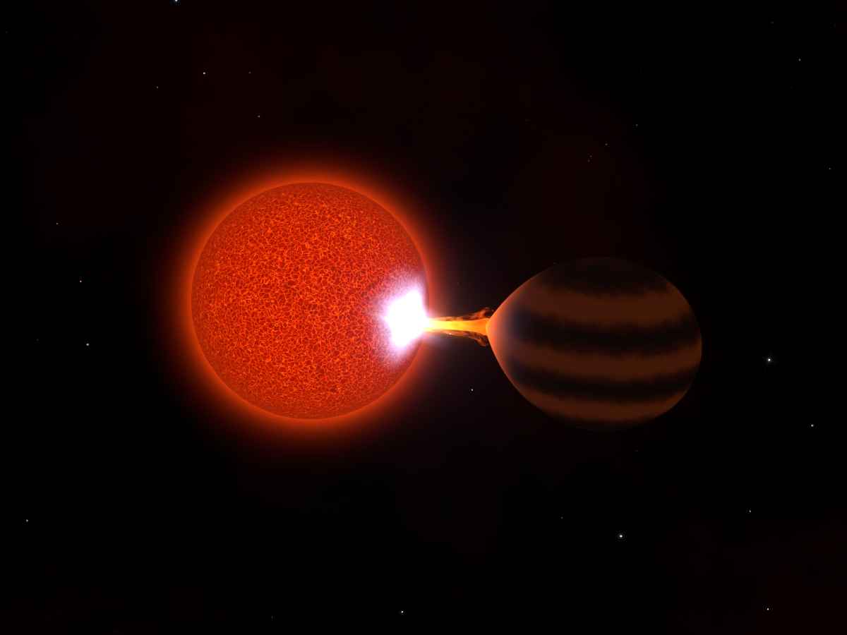 Центральная часть системы ZTF J0440+2325 в представлении художника. Коричневый карлик показан справа, красный — слева. Пятно, на которое падает материя справа, действительно должно иметь белый (или ярко-желтый) цвет, потому что температура в нем от пяти до девяти тысяч градусов