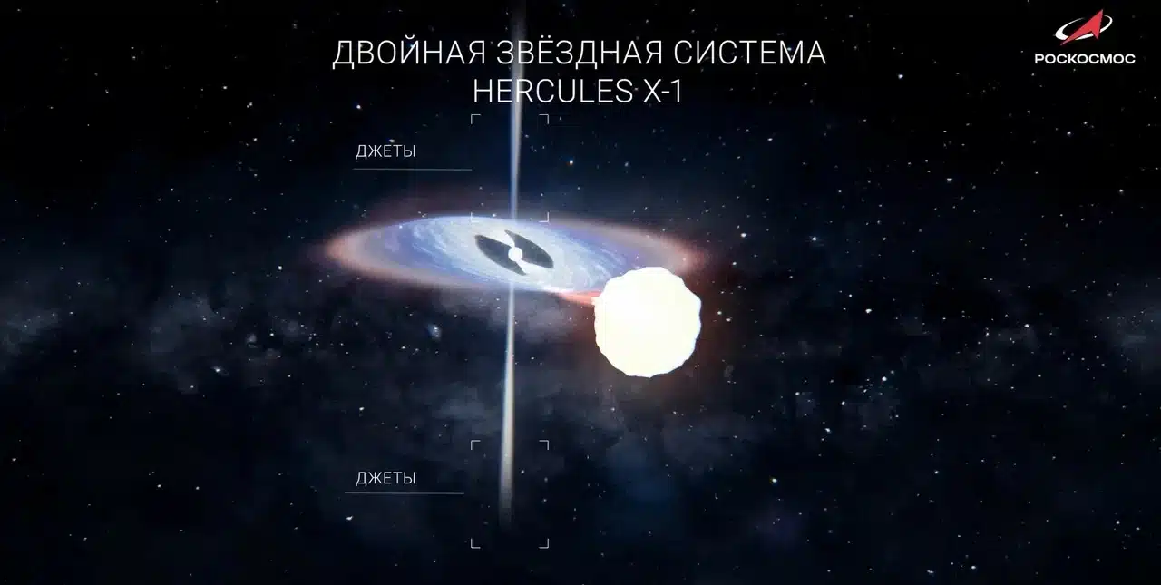 Двойная система Геркулес X-1. Ближе к наблюдателю белая звезда главной последовательности спектрального класса А7. С нее вещество постепенно перетекает на нейтронную звезду, от которой на картинке идут джеты
