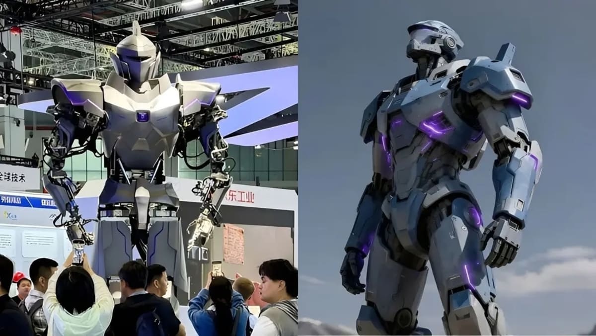 Мощный гидравлический робот Neo1 на выставке CIIF 2026 (слева) официальный концепт-арт Neo1 (справа) / © NeodraDynamics